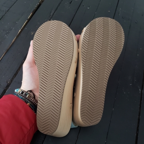 Sedette Sandal Co. Women's 7.5 Wooden Clog Sandals Blue Linen Straps Boho - Picture 8 of 11